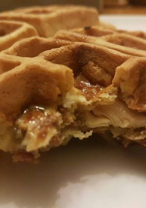 A picture of Chicken and Waffles on a Stick.