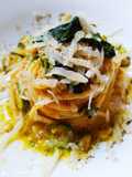 Spaghettoni con Zucchine Grigliate Guanciale al Pepe Nero e Caciocavallo