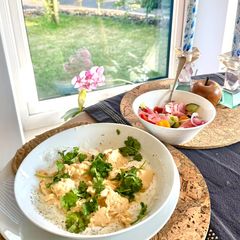 A picture of High Protein Beid bil Laban - Syrian Scrambled Eggs in Garlic Yogurt.