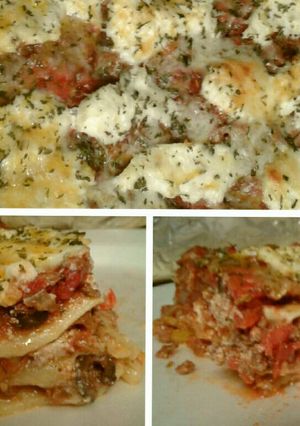 A picture of Four cheese & meat lasagna.