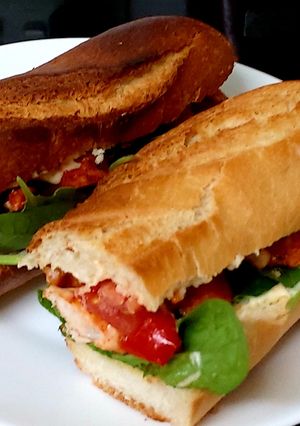 A picture of My Marinated Kimchi Chicken and Sweet Pepper Sandwich.