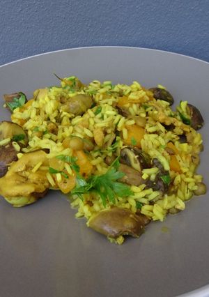 Foto de Arroz de coelho e lentilhas, com abóbora e cogumelos