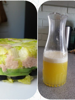 Una foto de Timbal de verduras y jugo de piña