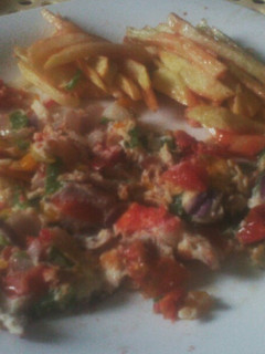 A picture of Fries and Spanish omelette.