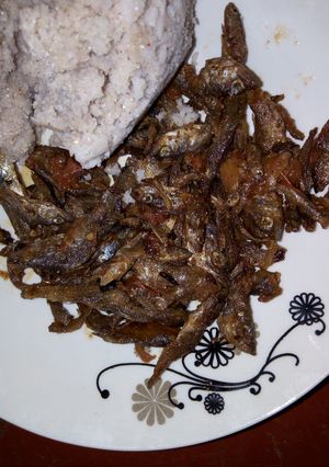 A picture of Wiu Fried/ Small Fried Fish with Ugali.