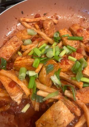 A picture of Braised Tofu and Potatoes with Tomato.
