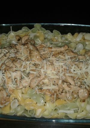 Una foto de Fideitos tricolor con pollo a la crema. 🍝