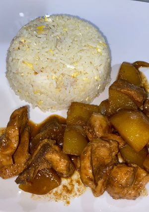 A picture of Sweet soy sauce chicken with fried rice.