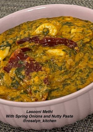 A picture of Restaurant Style Lasooni Methi with Spring Onions & Nutty Paste.
