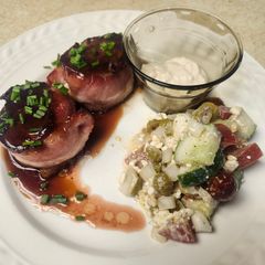 Brad's bacon wrapped venison loin chops with port wine au jus and cucumber salad A picture of Brad's bacon wrapped venison loin chops with port wine au jus and cucumber salad.