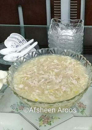 A picture of Chicken Corn Soup with Croutons and Fish crackers.