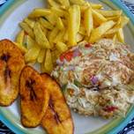 Chips, fried plantain & fried eggs