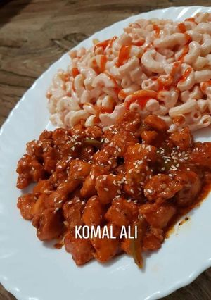 A picture of Chicken chilli dry wid #mayo #pasta.5 weeks challenge with Huma.