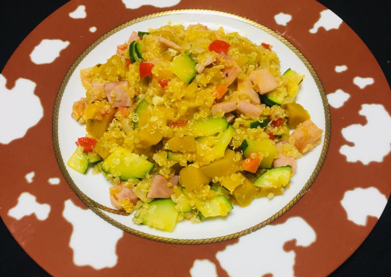 Salteado de Quinua con calabacín, Calabaza, tocino !
