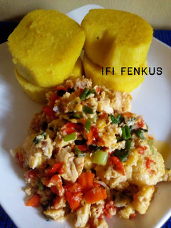 A picture of Curry yam with chicken breast egg sauce.