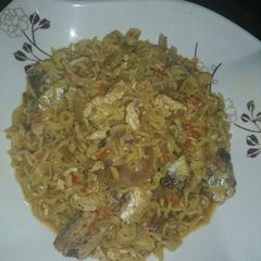 A picture of Cooked indomie with sardines and scrambled egg.