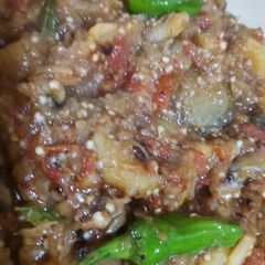 A picture of Bengan aloo (eggplant with potatoes).