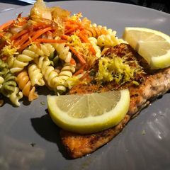 A picture of Spicy Salmon w/ Lemon Pepper Pasta.