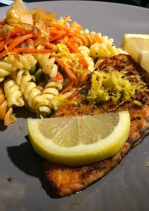 A picture of Spicy Salmon w/ Lemon Pepper Pasta.