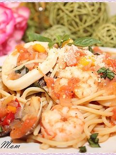 番茄海鮮義大利麵 的食譜成品照片