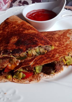 A picture of 5-Ingredient Cheesesteak & Avocado quesadilla.