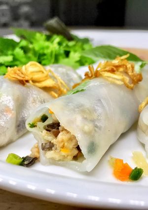 A picture of Bánh cuốn (Vietnamese Steamed Rice Rolls, Made in a Skillet).