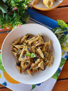 A picture of Cold Pasta with Eggplant and Almond Pesto.