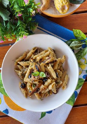 A picture of Cold Pasta with Eggplant and Almond Pesto.