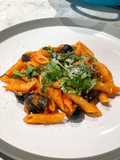 Tomato aubergine pasta taught by Italian colleague 🇮🇹