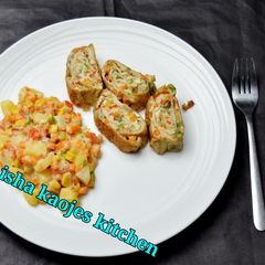 Egg rolls and potato salad A picture of Egg rolls and potato salad.