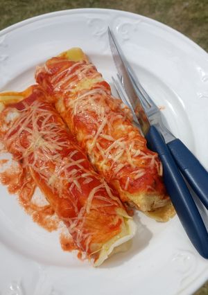 Una foto de Canelones de carne y jamón y mozzarella