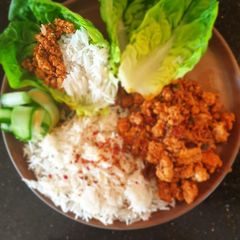 A picture of Spicy Thai style chicken steamed rice and lettuce cups.