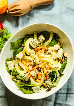 A picture of Fennel Lettuce Cashew Salad with Lemon Honey Dressing.