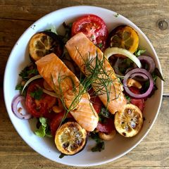 A picture of Roast Lemon, Tomato, Fennel and Salmon Salad.