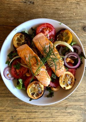 A picture of Roast Lemon, Tomato, Fennel and Salmon Salad.