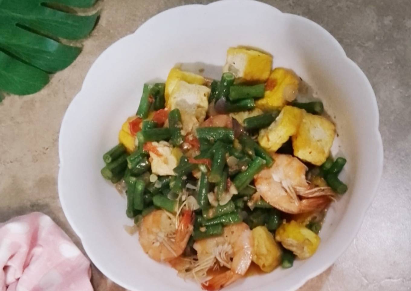 Tumis tahu udang kacang panjang