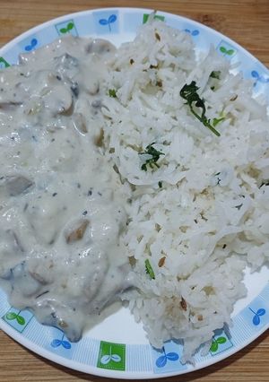 A picture of Mushroom Stroganoff with hurb rice.