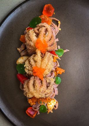 รูปของ Sweet Potato Fettuccine with Salted Eggs and Octopus