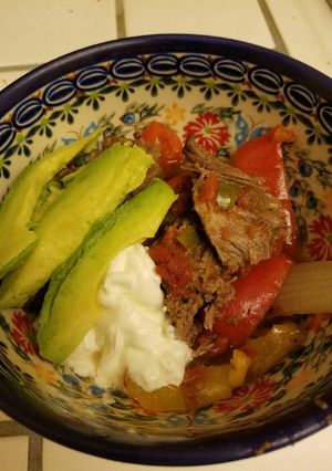 A picture of Slow Cooker Braised Beef and Peppers.