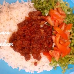 A picture of Rice,stew and salat.