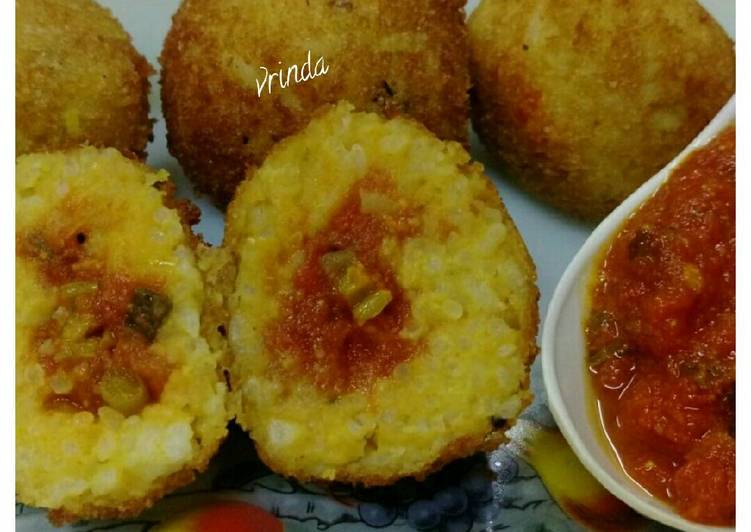 Recipe of Favorite Fried Sambhar Rice Balls with stuffed Concasse Sauce