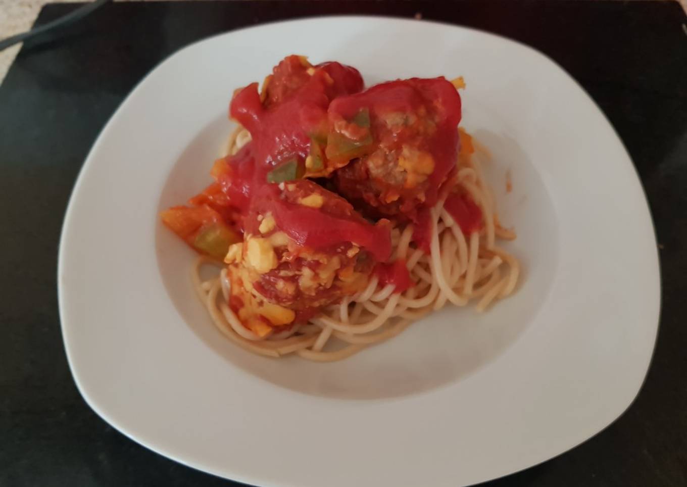 My chilli +Garlic Meatballs on top of spaghetti