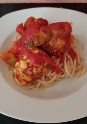 A picture of My chilli +Garlic Meatballs on top of spaghetti.