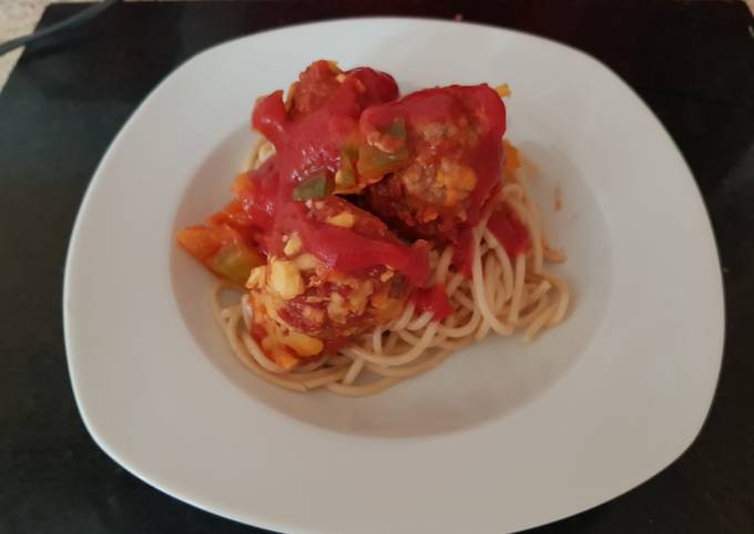 My chilli +Garlic Meatballs on top of spaghetti