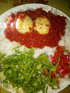 A picture of Rice and stew with eggs and salad.