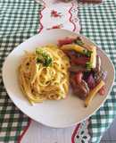 Tallarín a la huancaina con lomo saltado