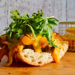 Open Cheese Steak Sandwich A picture of Open Cheese Steak Sandwich.