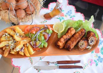 Easy Cooking Recipe Rolled pork chops filled with cheesy surprise avocado salad a fried potato chips Practical Delicious