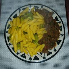 A picture of Pasta and beef stew.