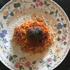 A picture of Baked Spaghetti with Turkey Meat Balls.